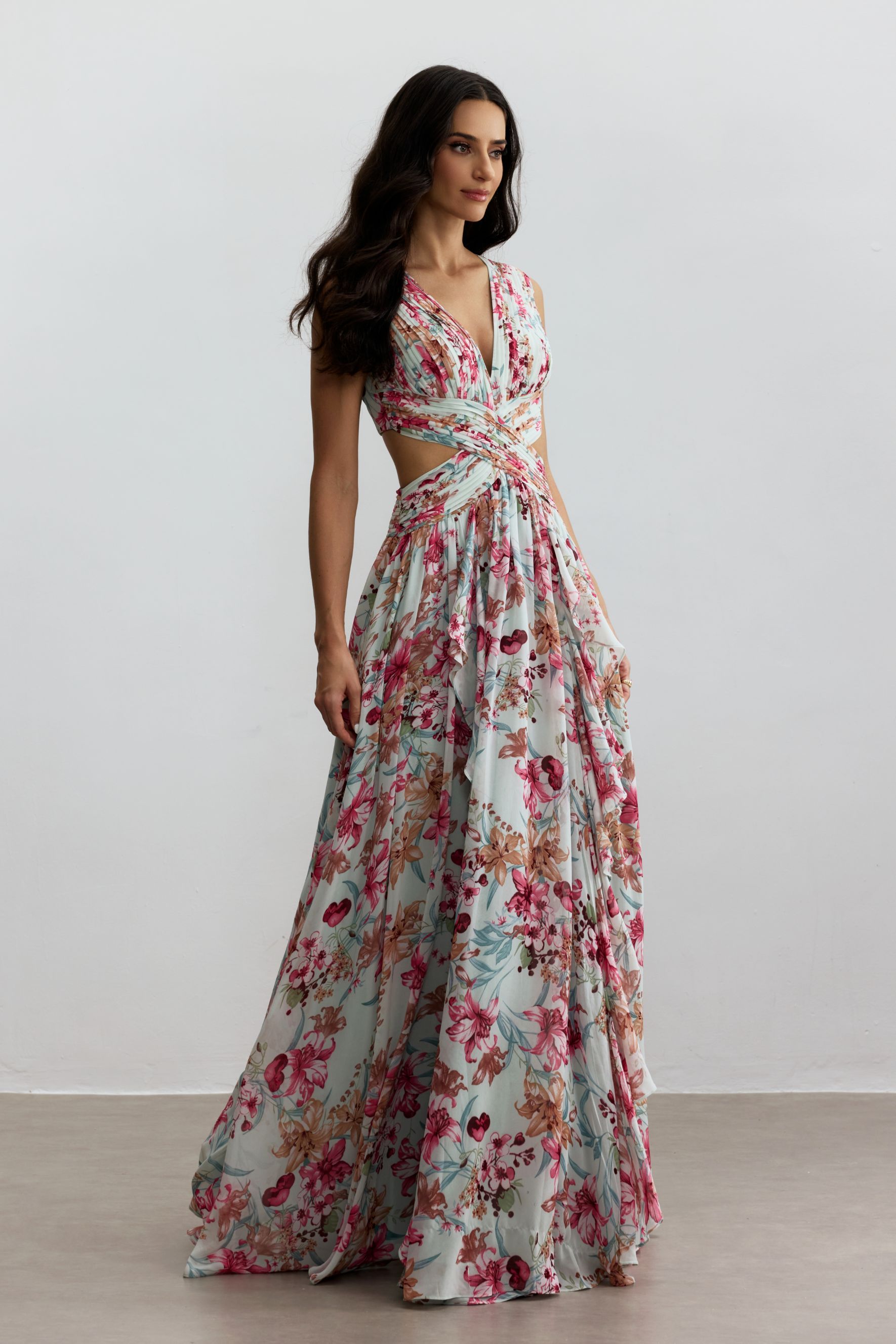 Anila Printed Pleated Ruffle Maxi Dress