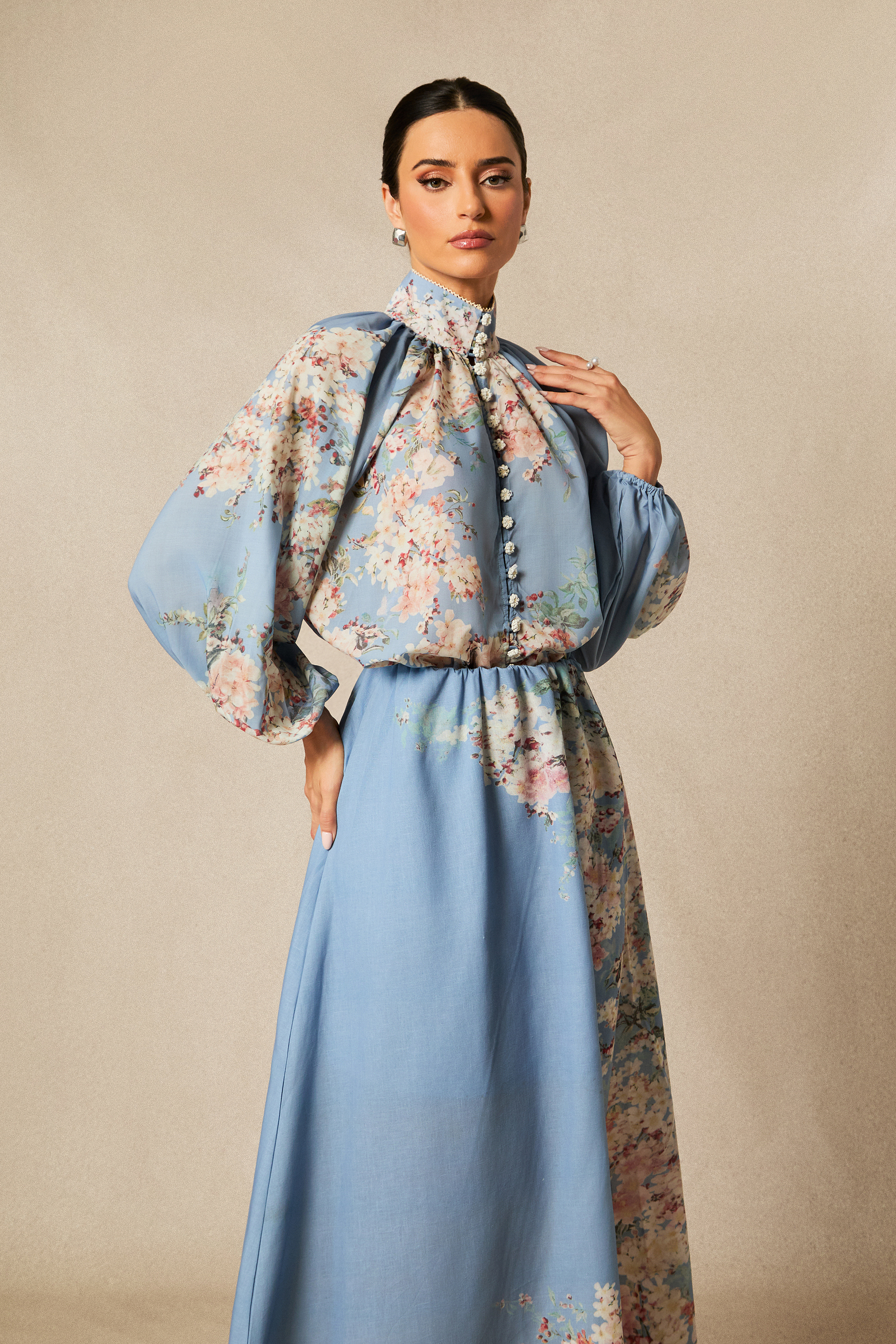 Paulina Floral Print Lantern Sleeve Blouse & Maxi Skirt Set