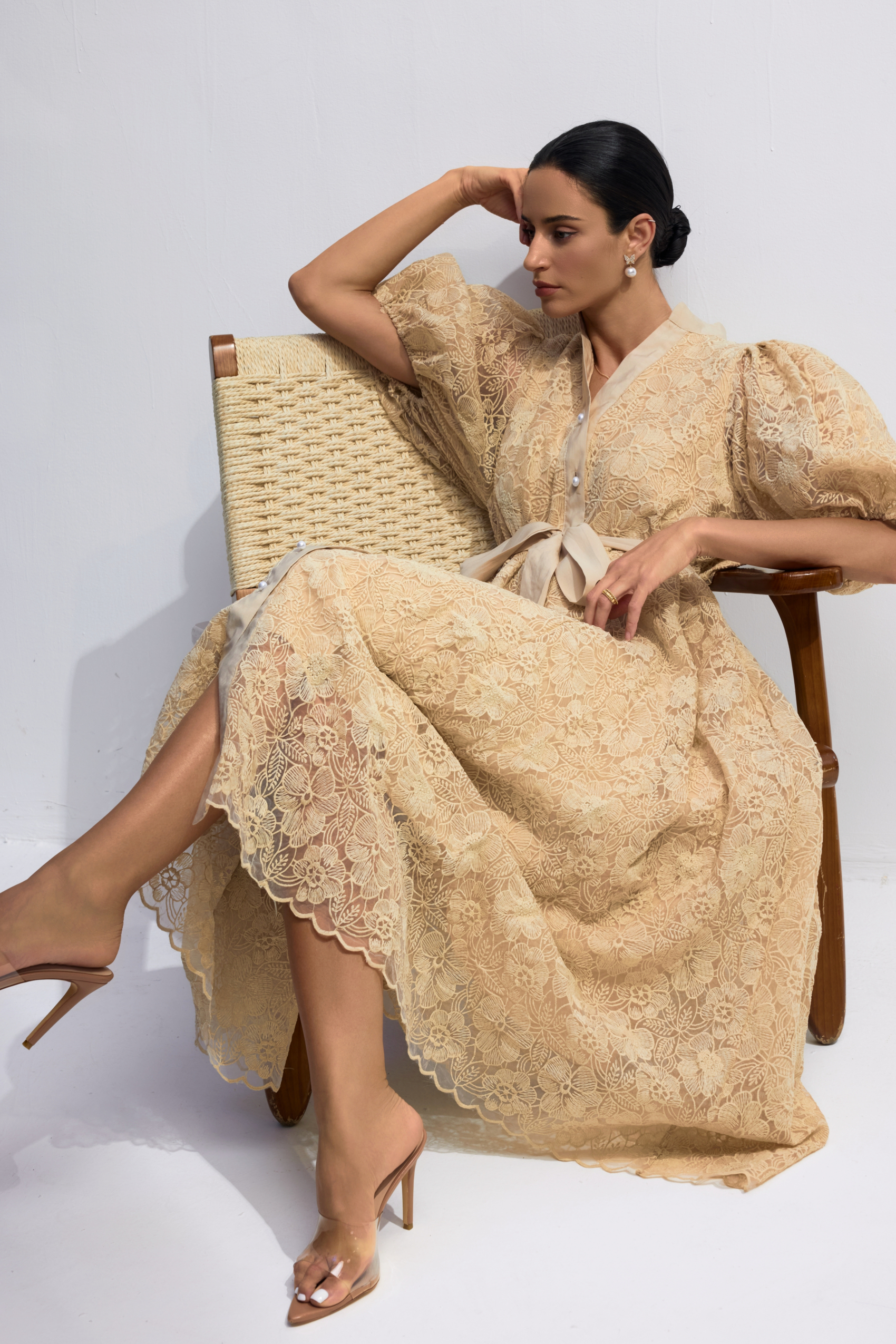 Diana Floral Embroidered Lace Belted Midi Dress