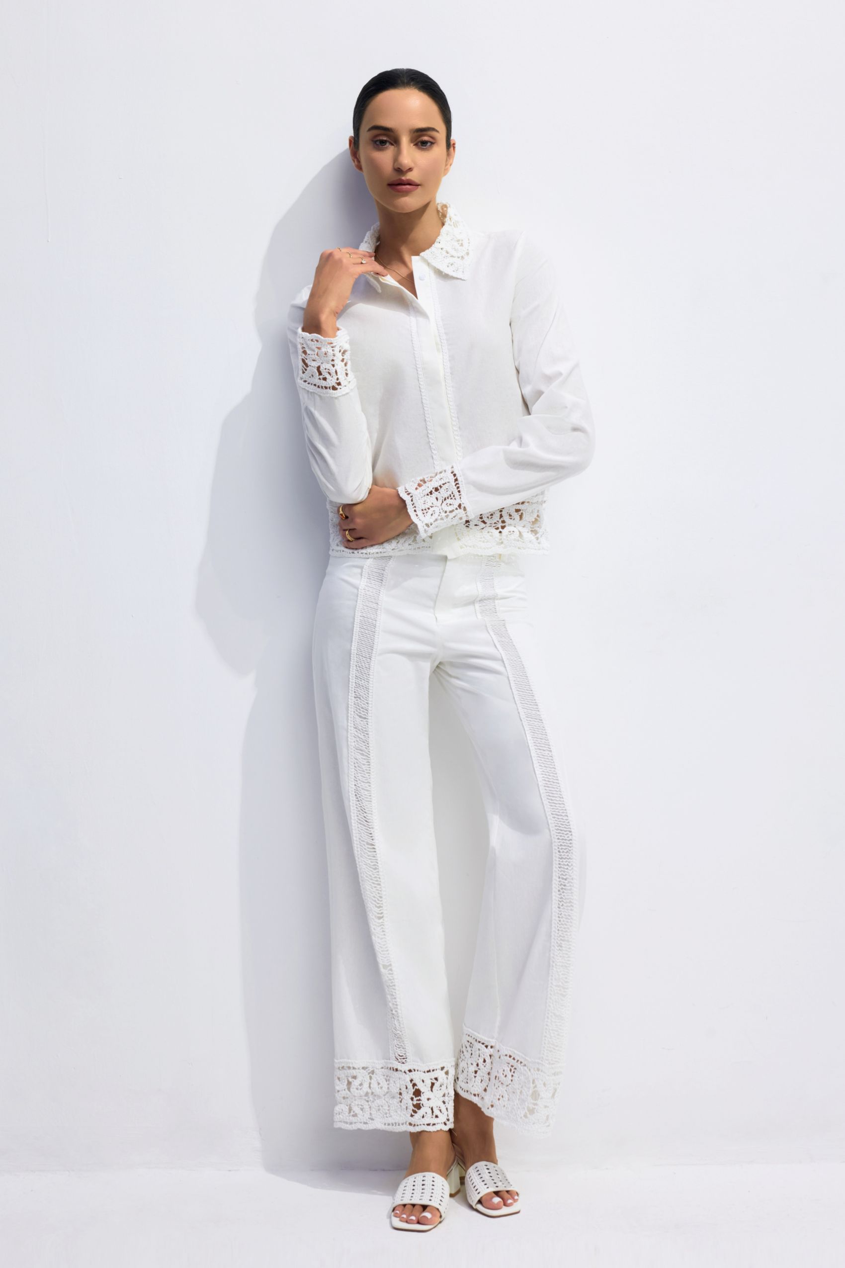 Estelle Lapel Collar Crochet Detail Shirt & Pants Set