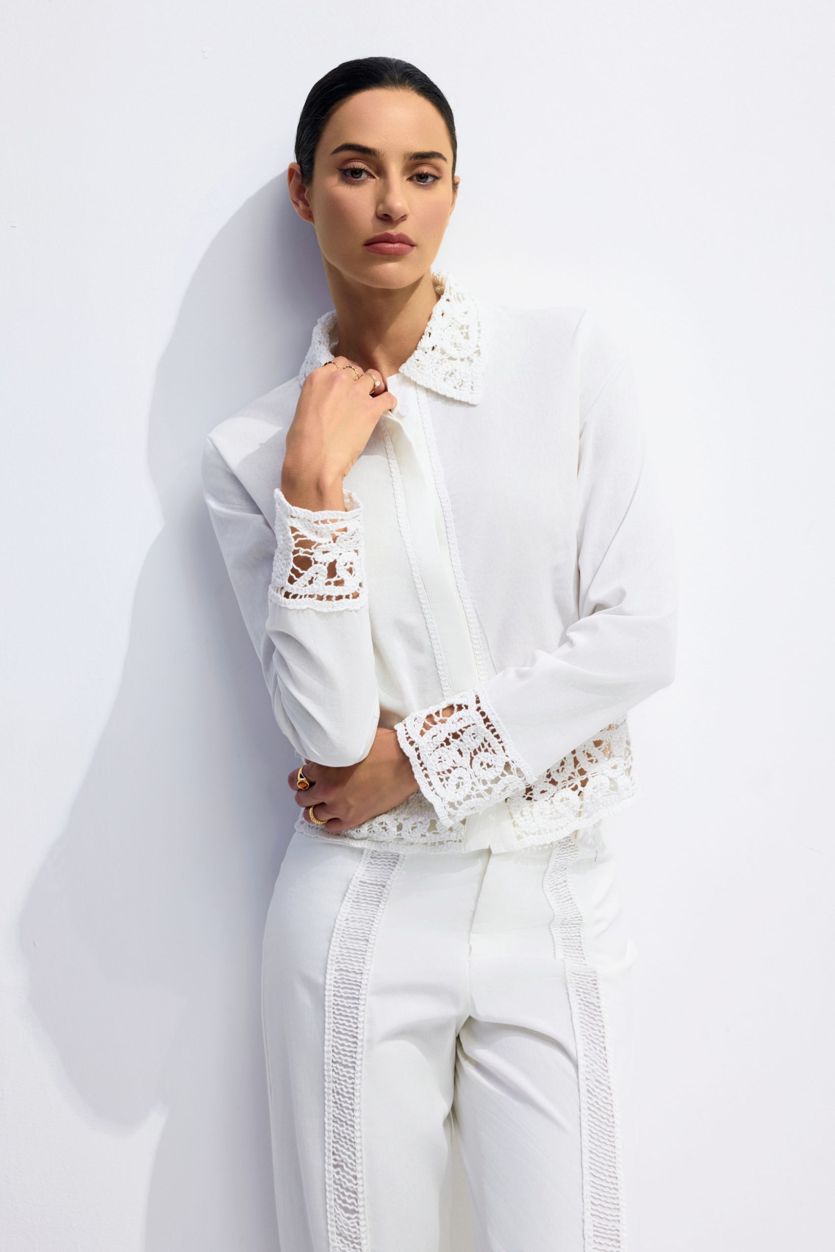 Estelle Lapel Collar Crochet Detail Shirt & Pants Set