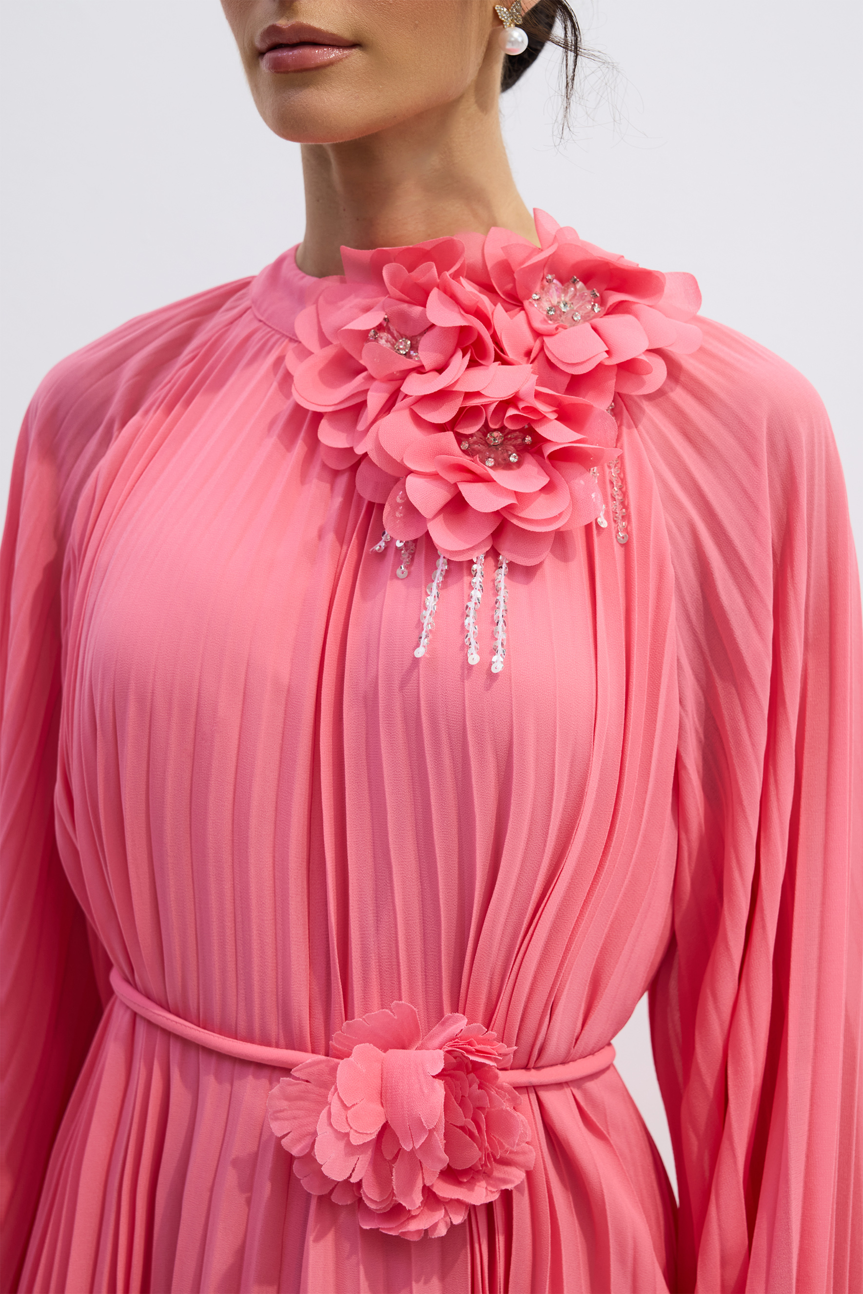 Irene Floral Applique Pleated Chiffon Maxi Dress