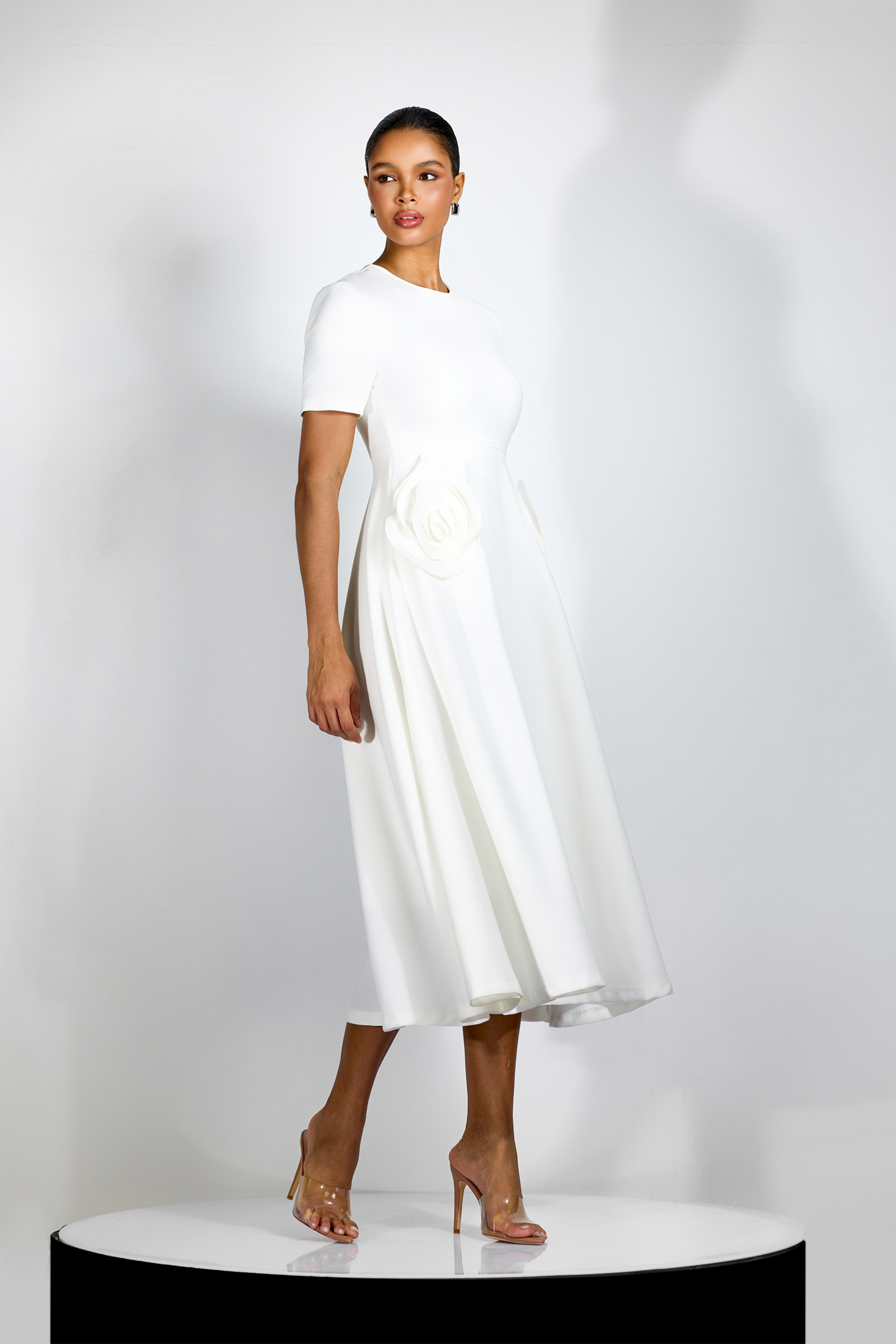 Ava Floral Applique Short Sleeves Midi Dress