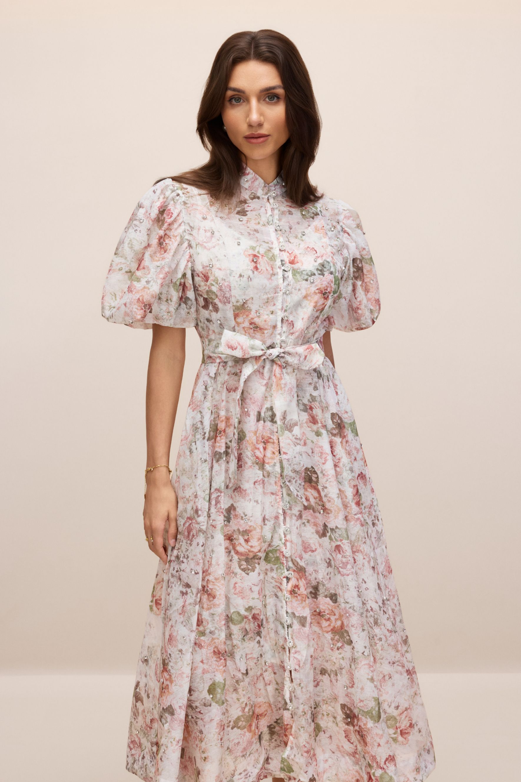 Serena Floral Print Puff Sleeve Midi Dress