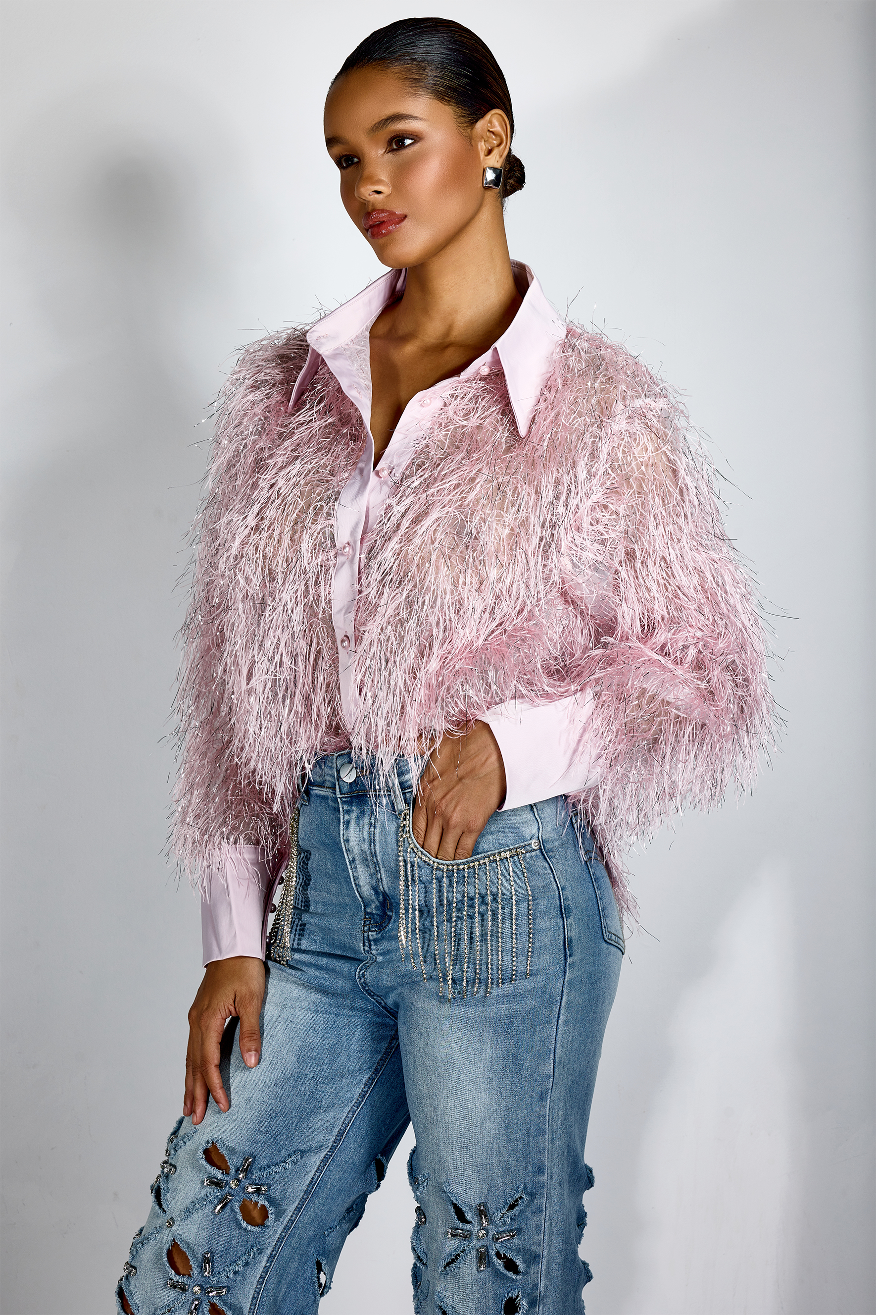 Marilyn Long Sleeve Metallic Fringe Shirt