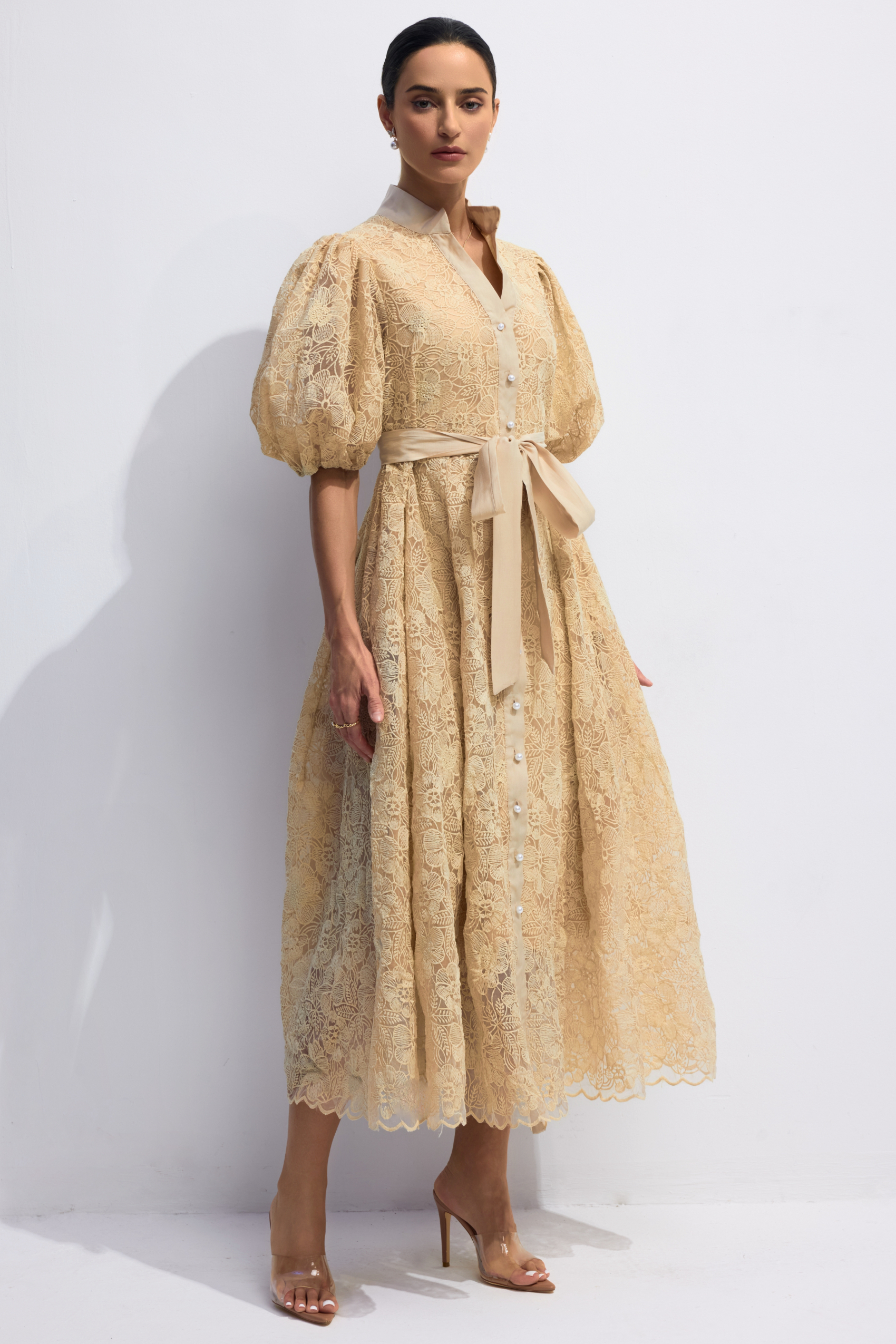 Diana Floral Embroidered Lace Belted Midi Dress