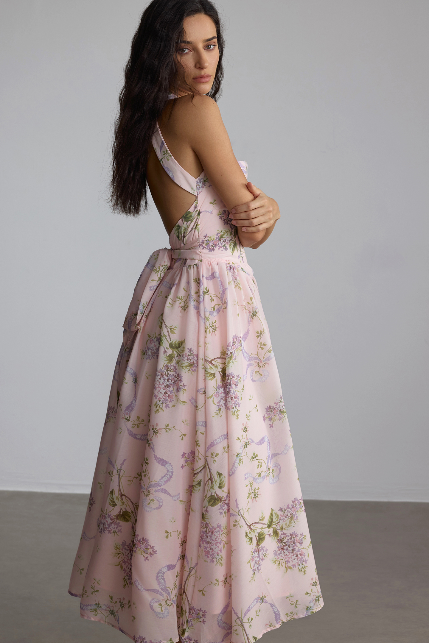 Elise Floral Print Open Back Midi Dress