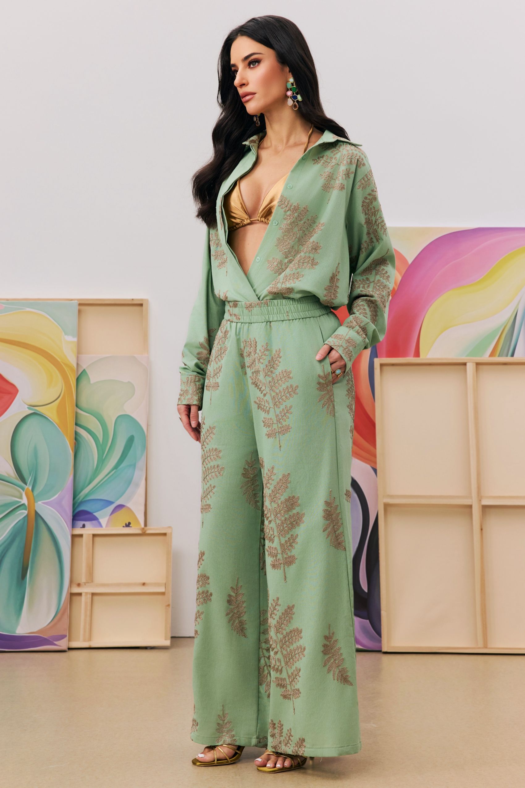 Anastasia Leaf Embroidered Shirt & Wide Leg Pants Set