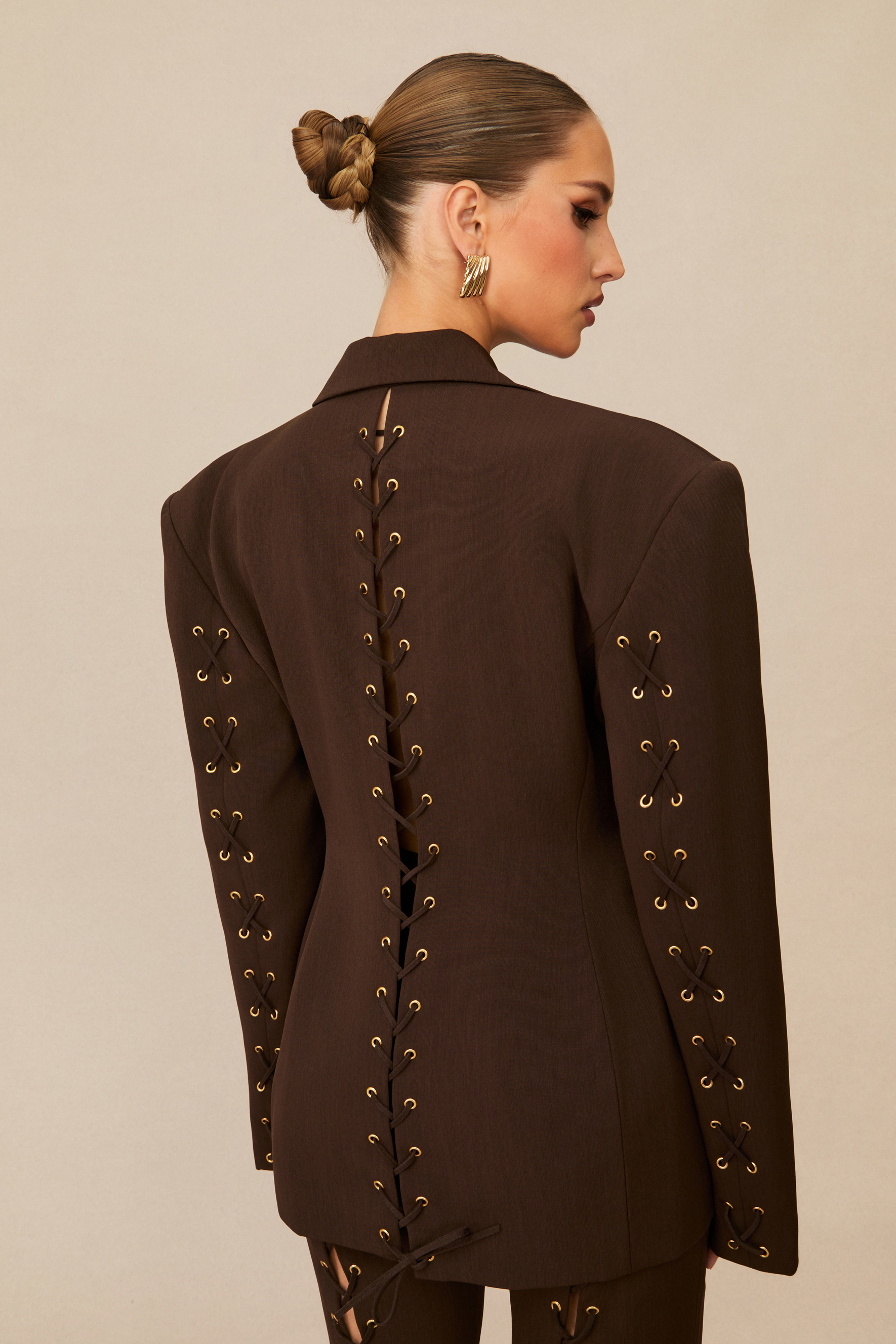 Joanna Lace Up Wide Shoulder Blazer & Trousers Set