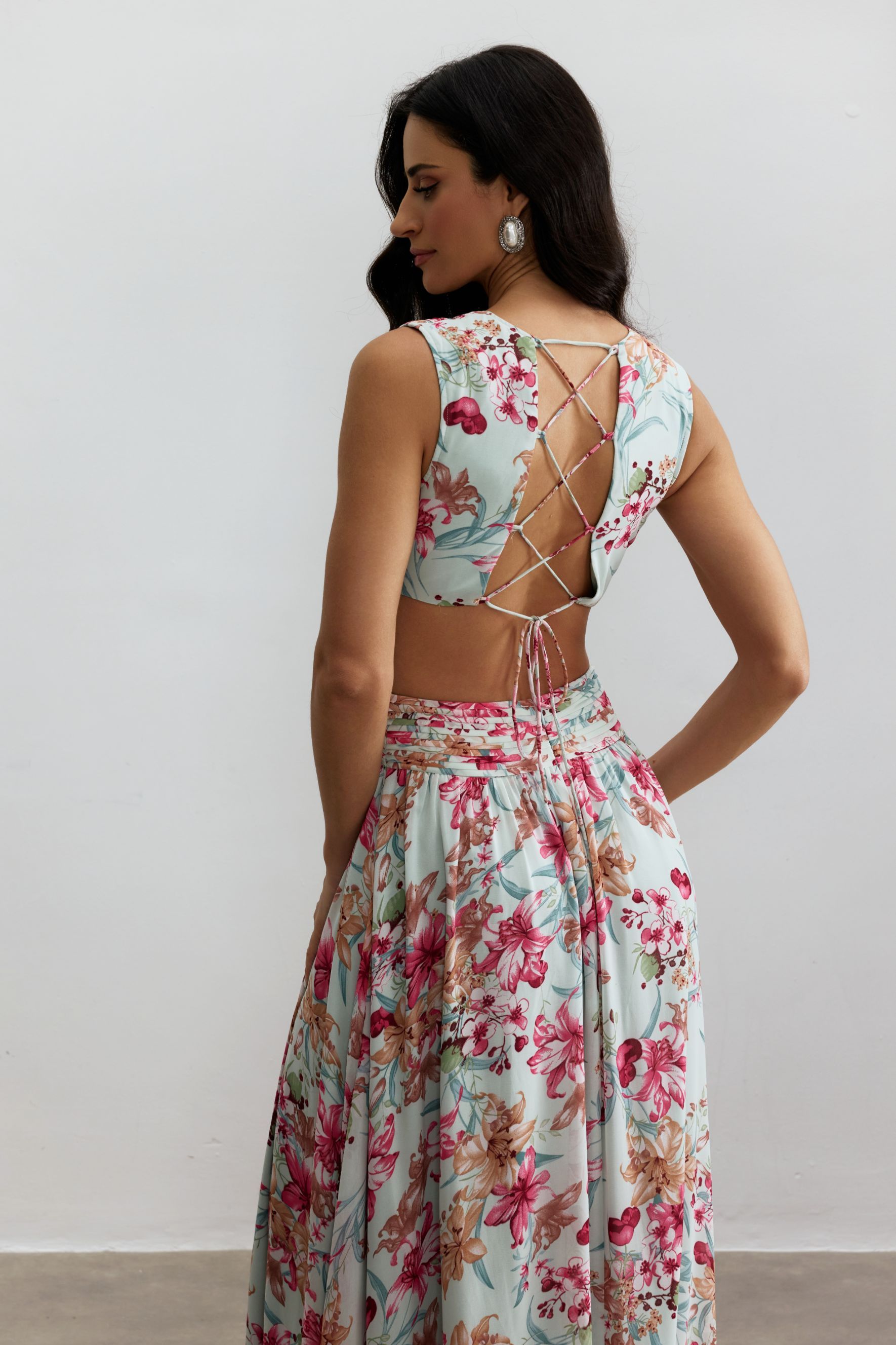 Anila Printed Pleated Ruffle Maxi Dress