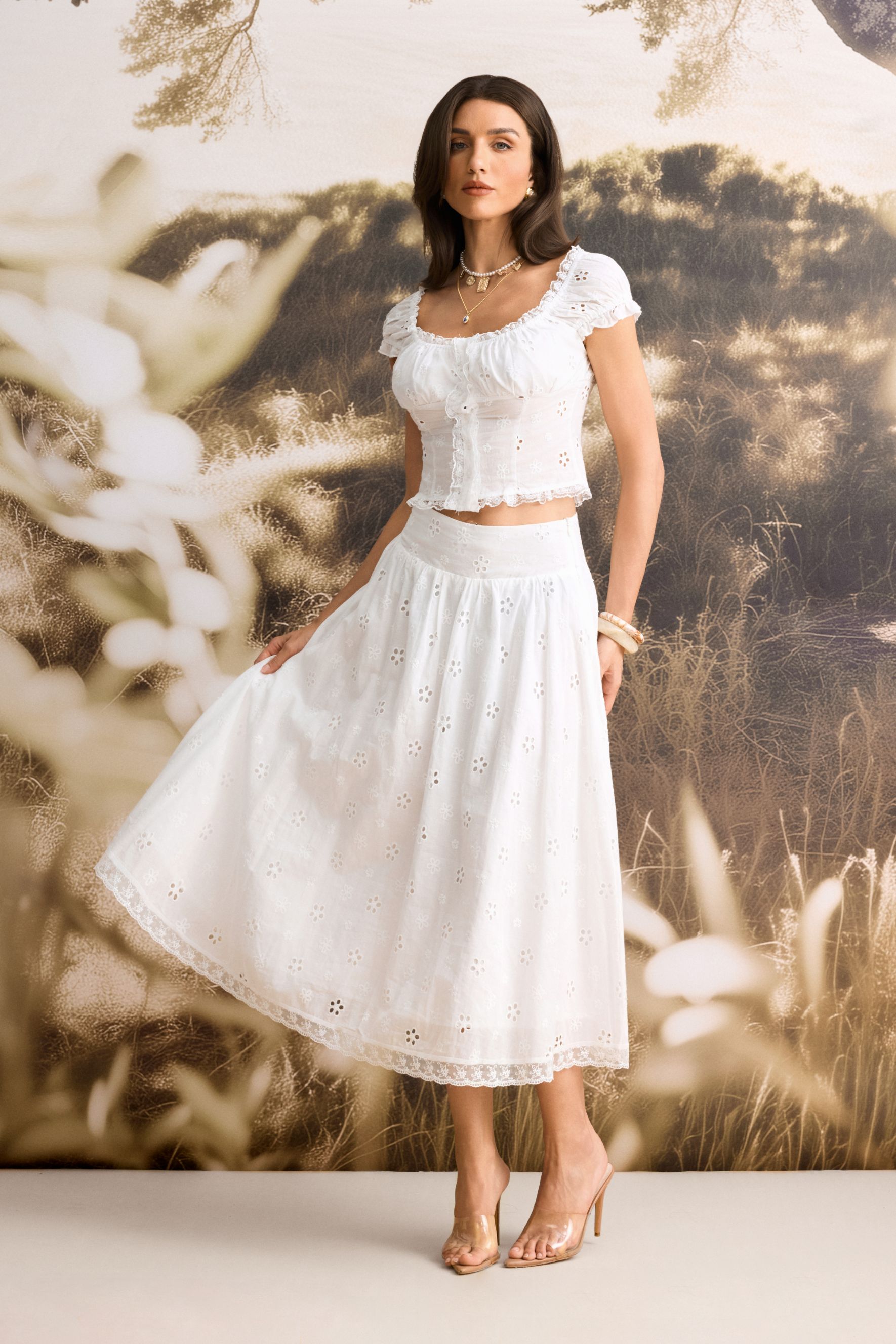 Eliza Puff Sleeve Broderie Crop Top & Skirt Set