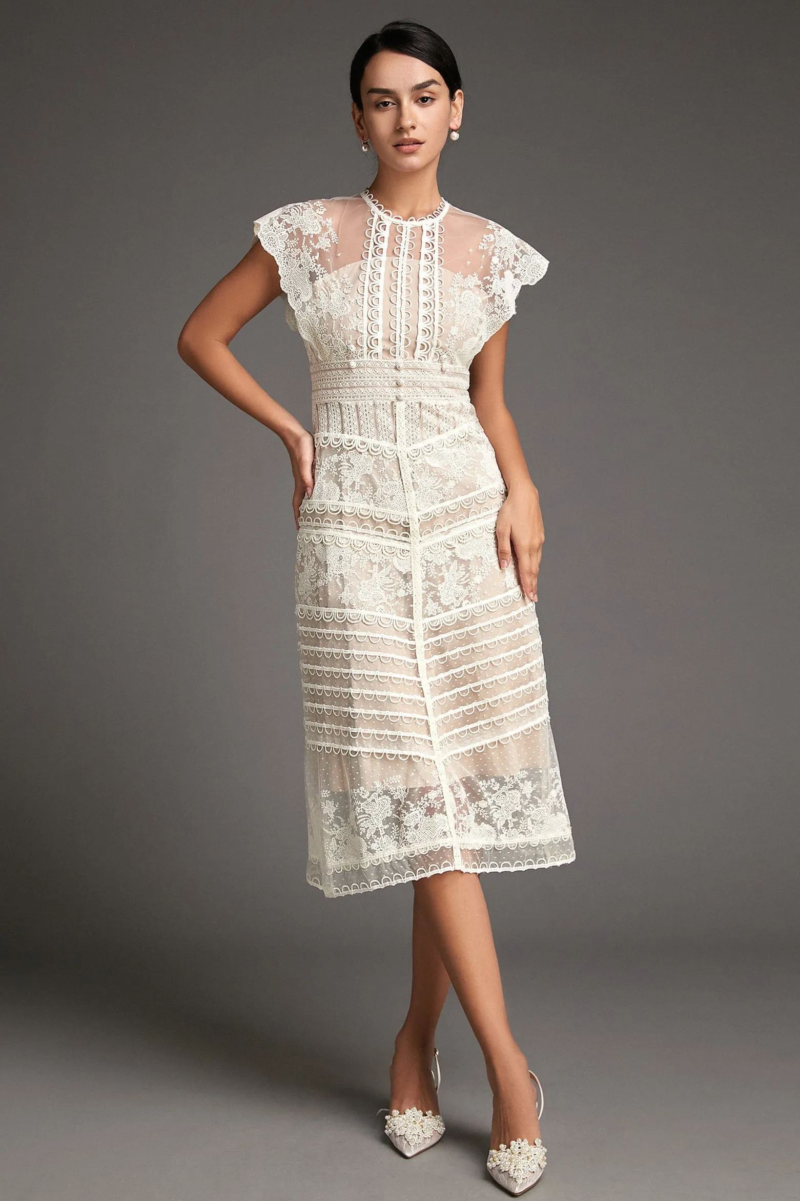 Lydia Flower Embroidered Mesh Midi Dress