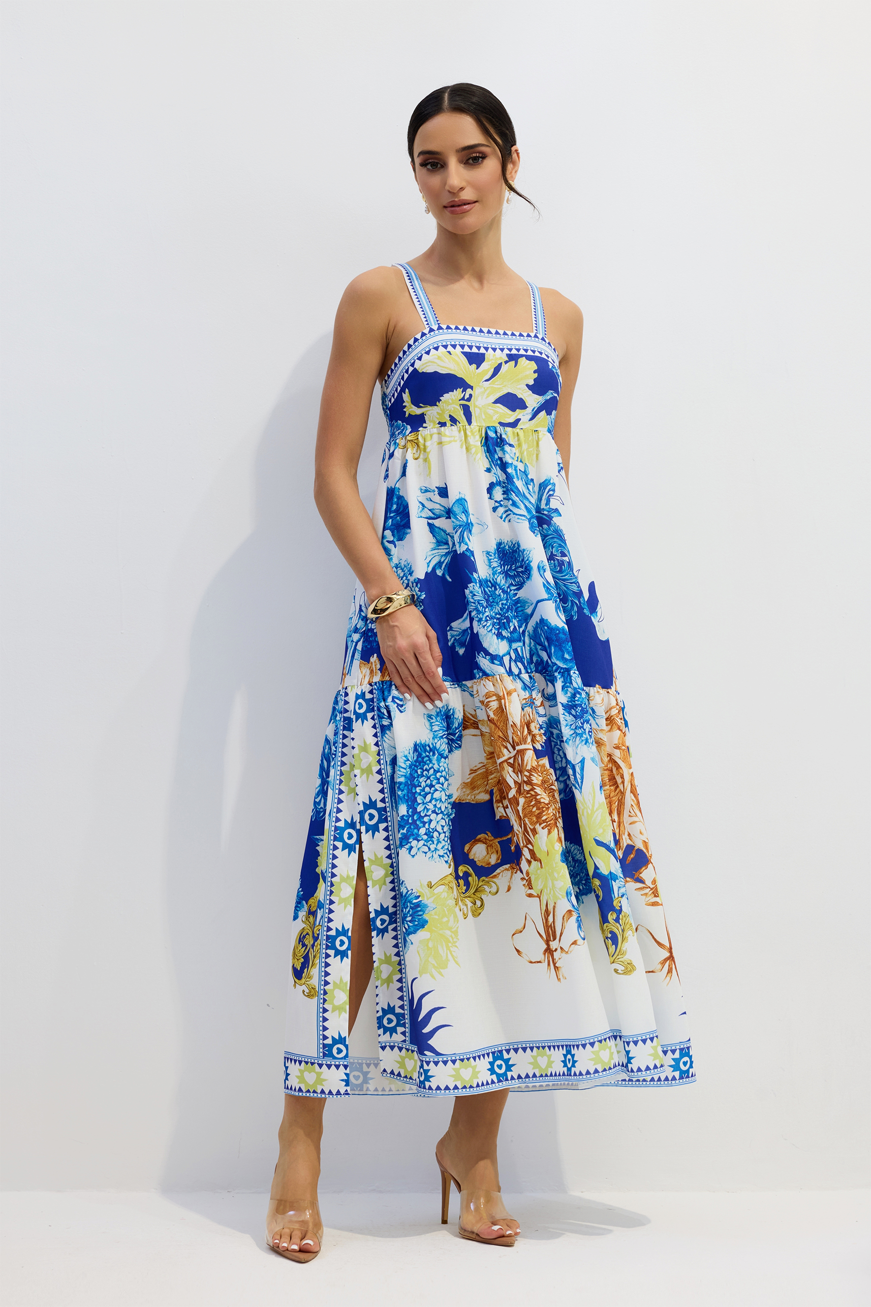 Nessia Floral Print Shirred Maxi Dress