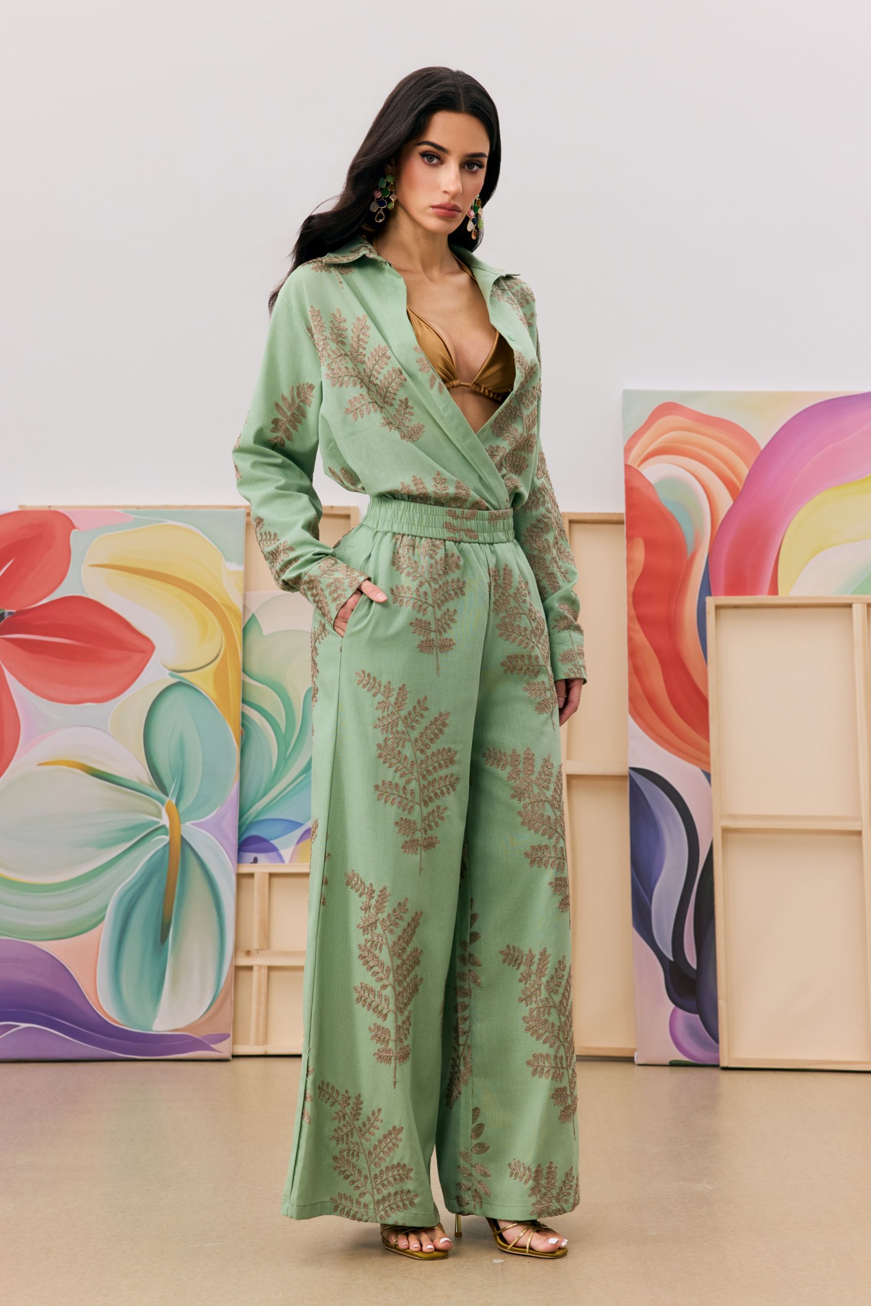 Anastasia Leaf Embroidered Shirt & Wide Leg Pants Set