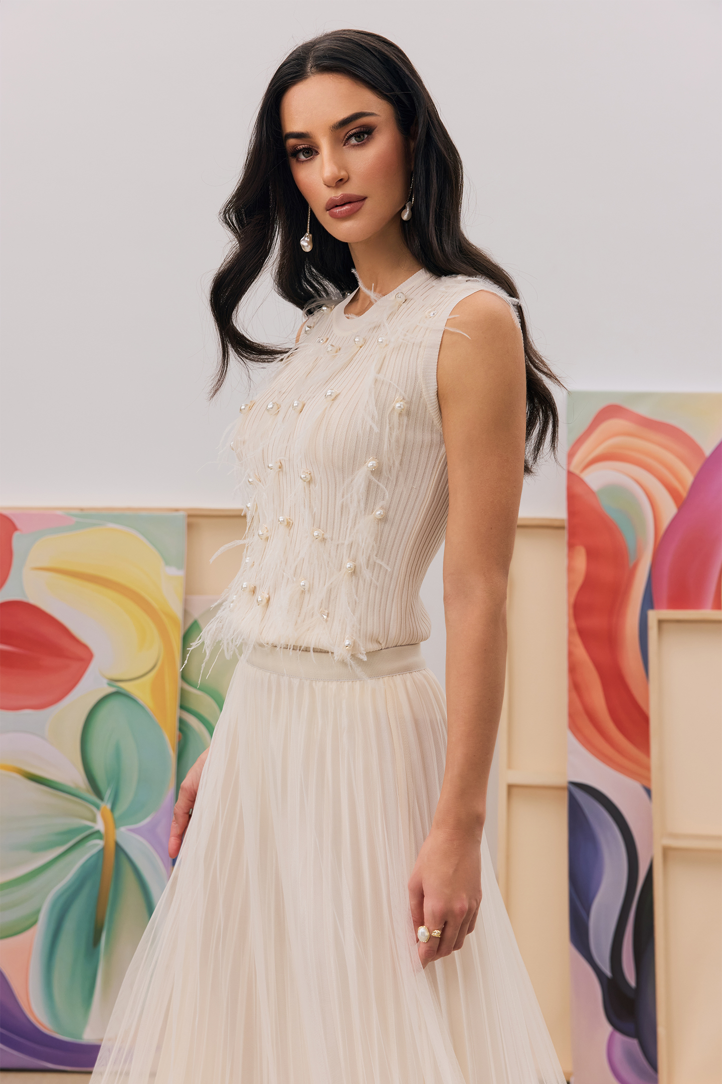 Marilyn Pearl Embellished Feather Knit Vest