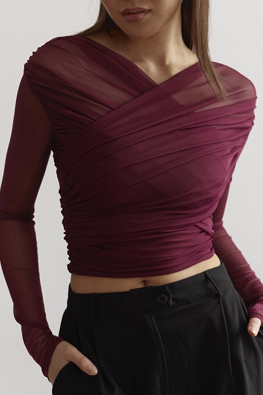 Crossbody V-neck Mesh Top