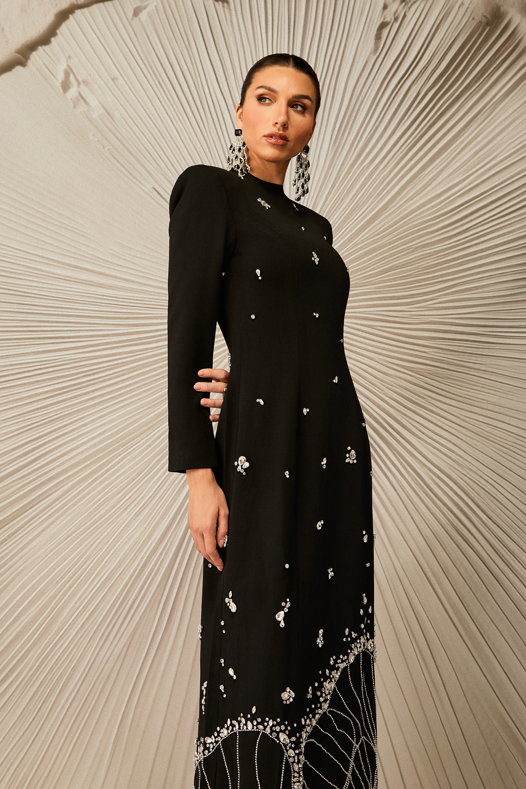 Virginia Long Sleeve Diamond Embellished Maxi Dress