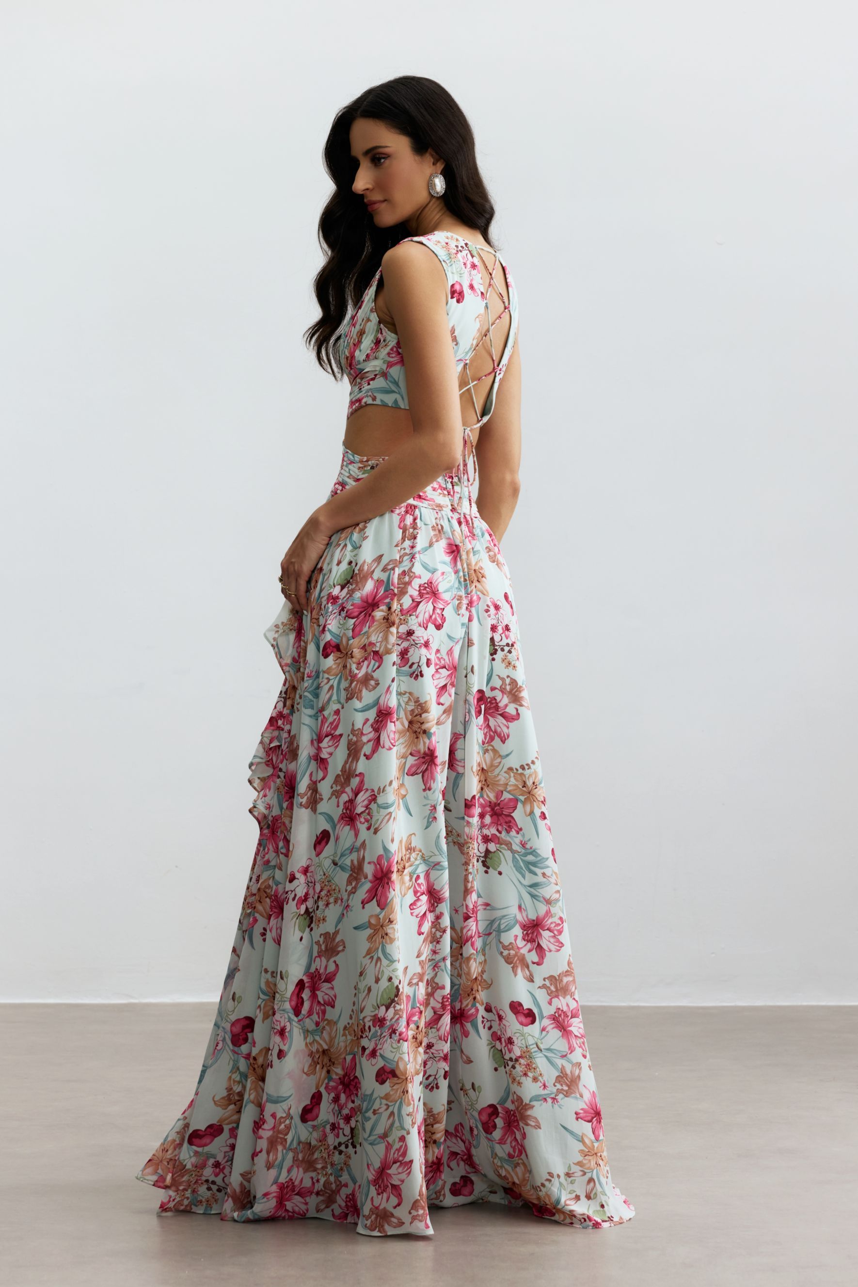 Anila Printed Pleated Ruffle Maxi Dress