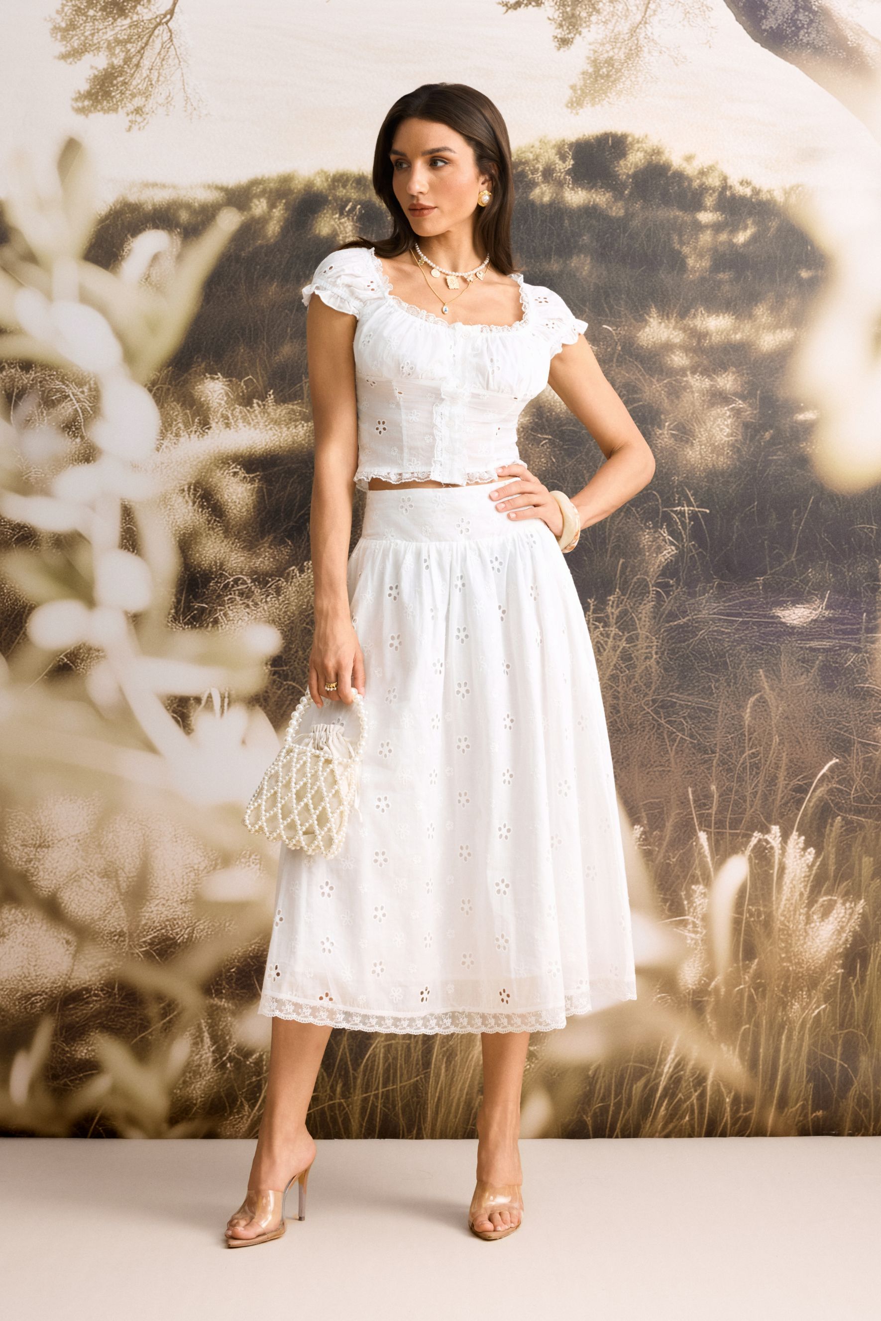 Eliza Puff Sleeve Broderie Crop Top & Skirt Set
