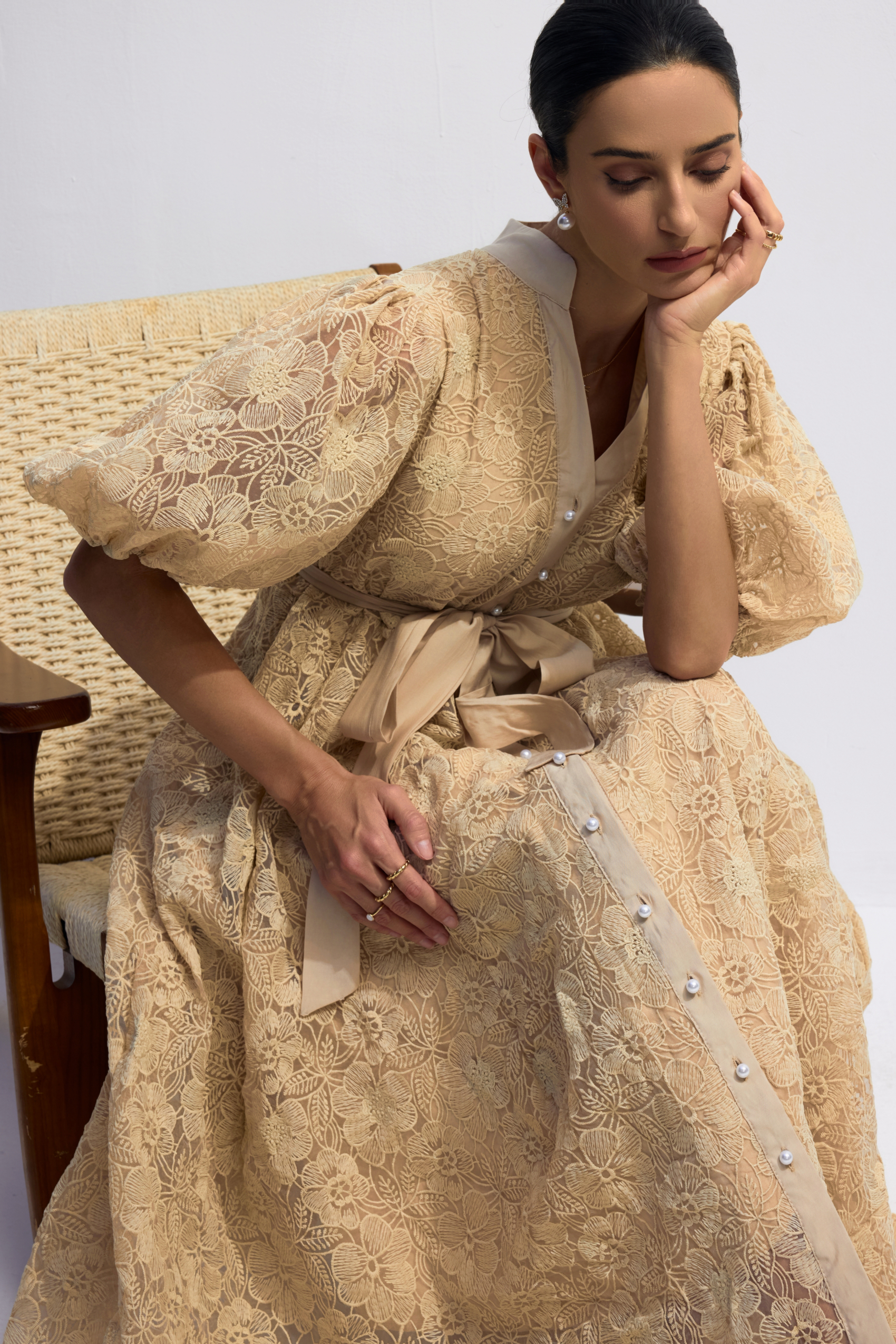 Diana Floral Embroidered Lace Belted Midi Dress