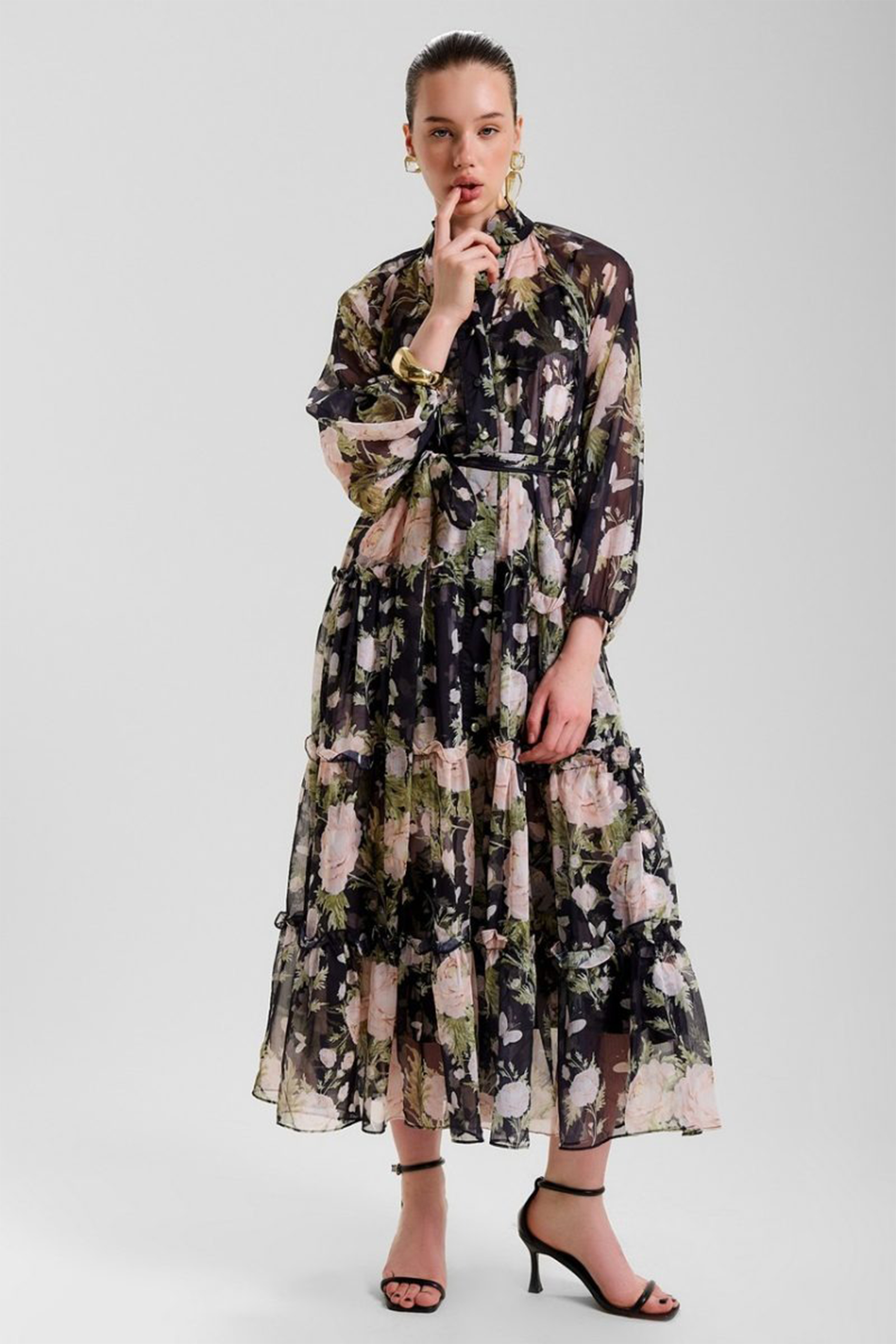 Angelica Floral Print Tiered Ruffle Maxi Dress