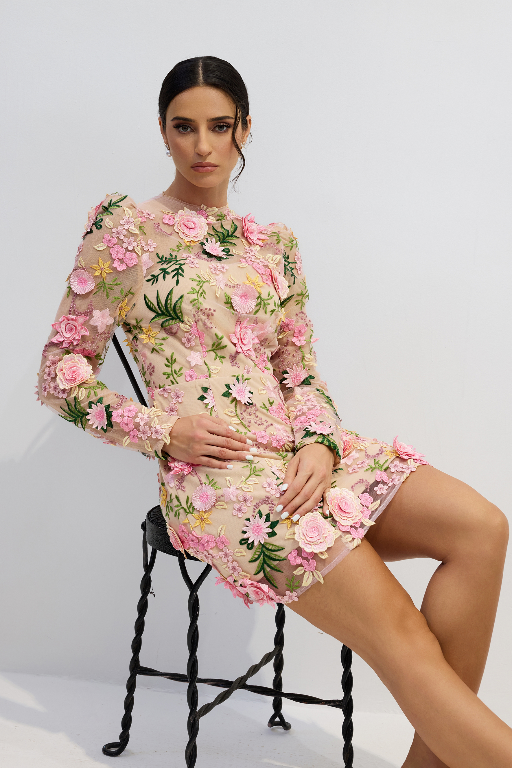 Lara Floral Applique Long Sleeve Mini Dress