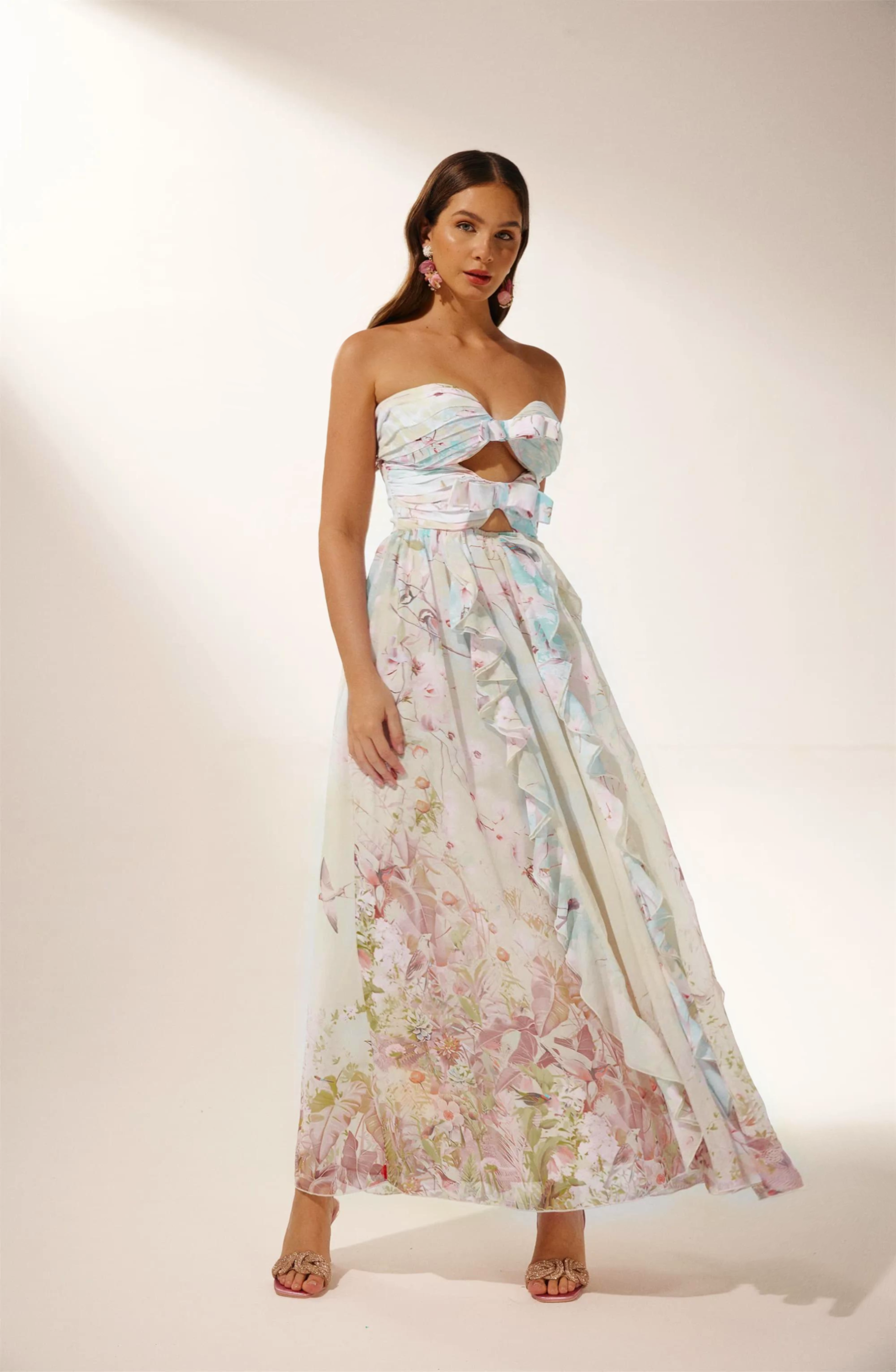 Octavia Printed Cut-out Ruffle Maxi Dress