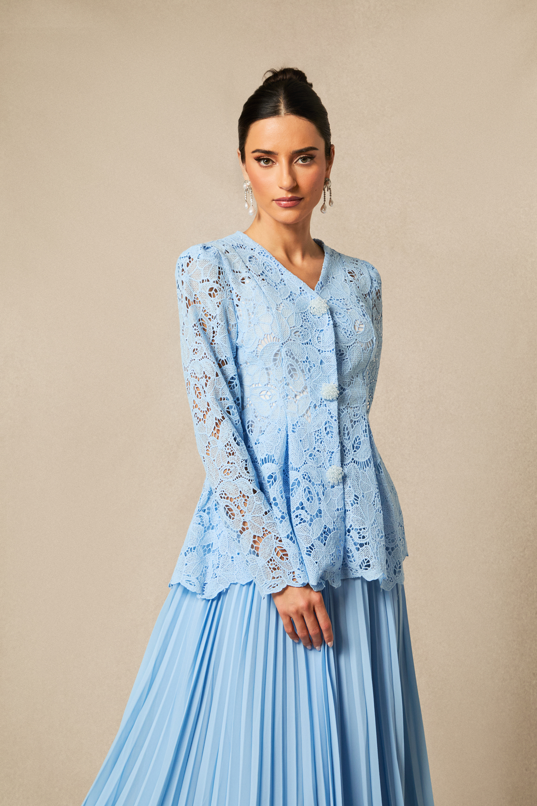 Ariella Floral Embroidered Lace Top & Pleated Maxi Skirt Set