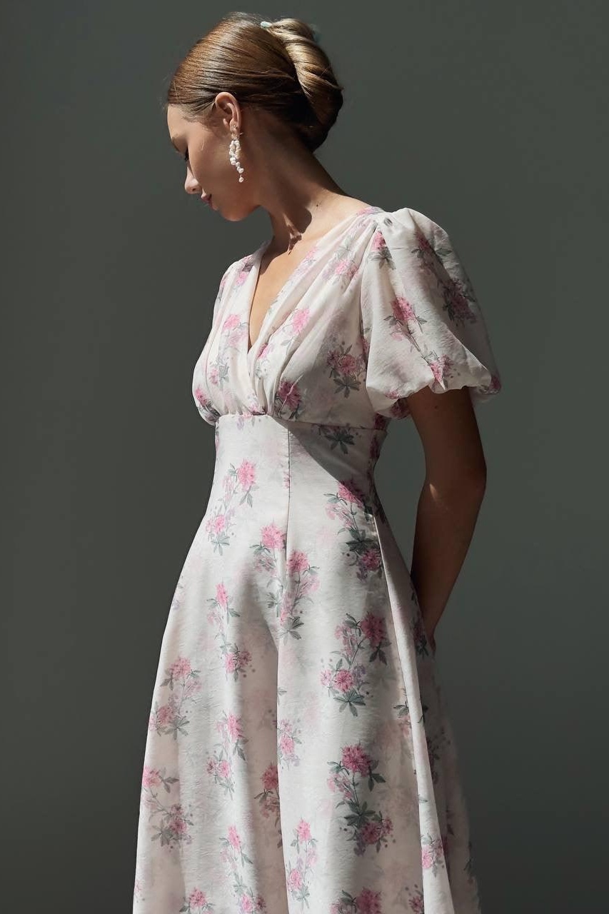 Anne Floral Print Puff Sleeve Midi Dress