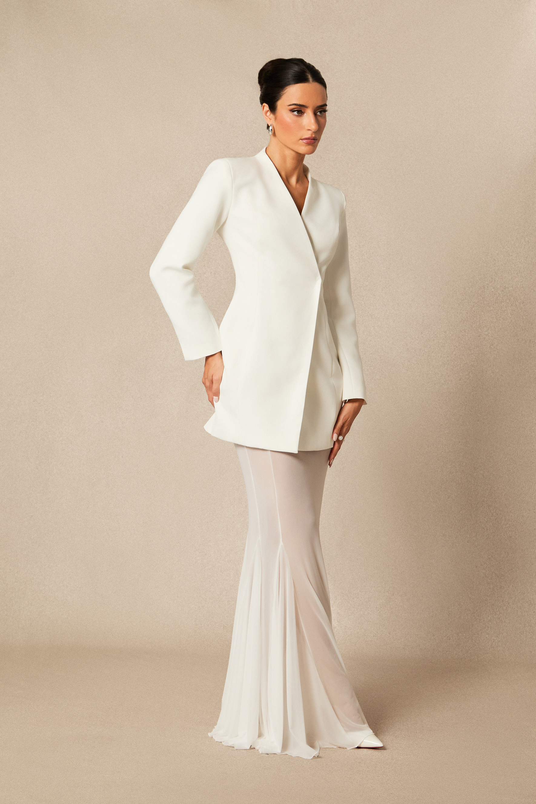 Myra Asymmetric Tailored Blazer & Sheer Mesh Skirt Set