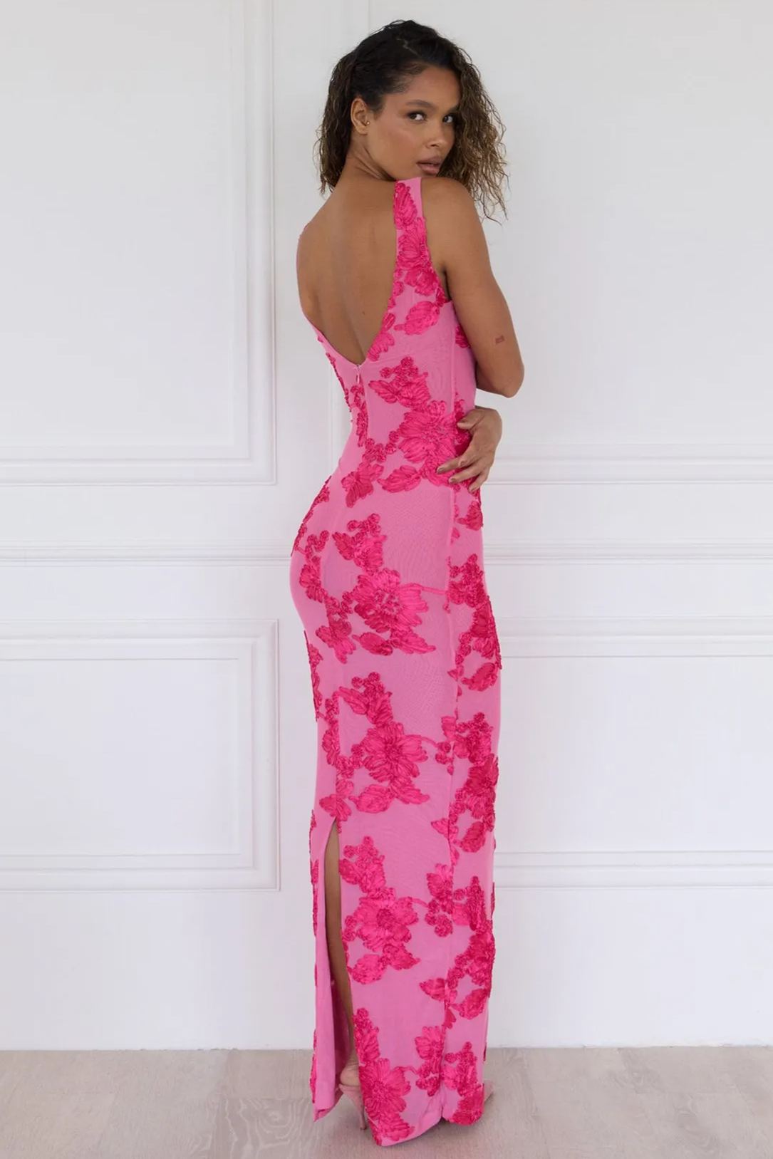 Barbara Floral Applique Mesh Maxi Dress