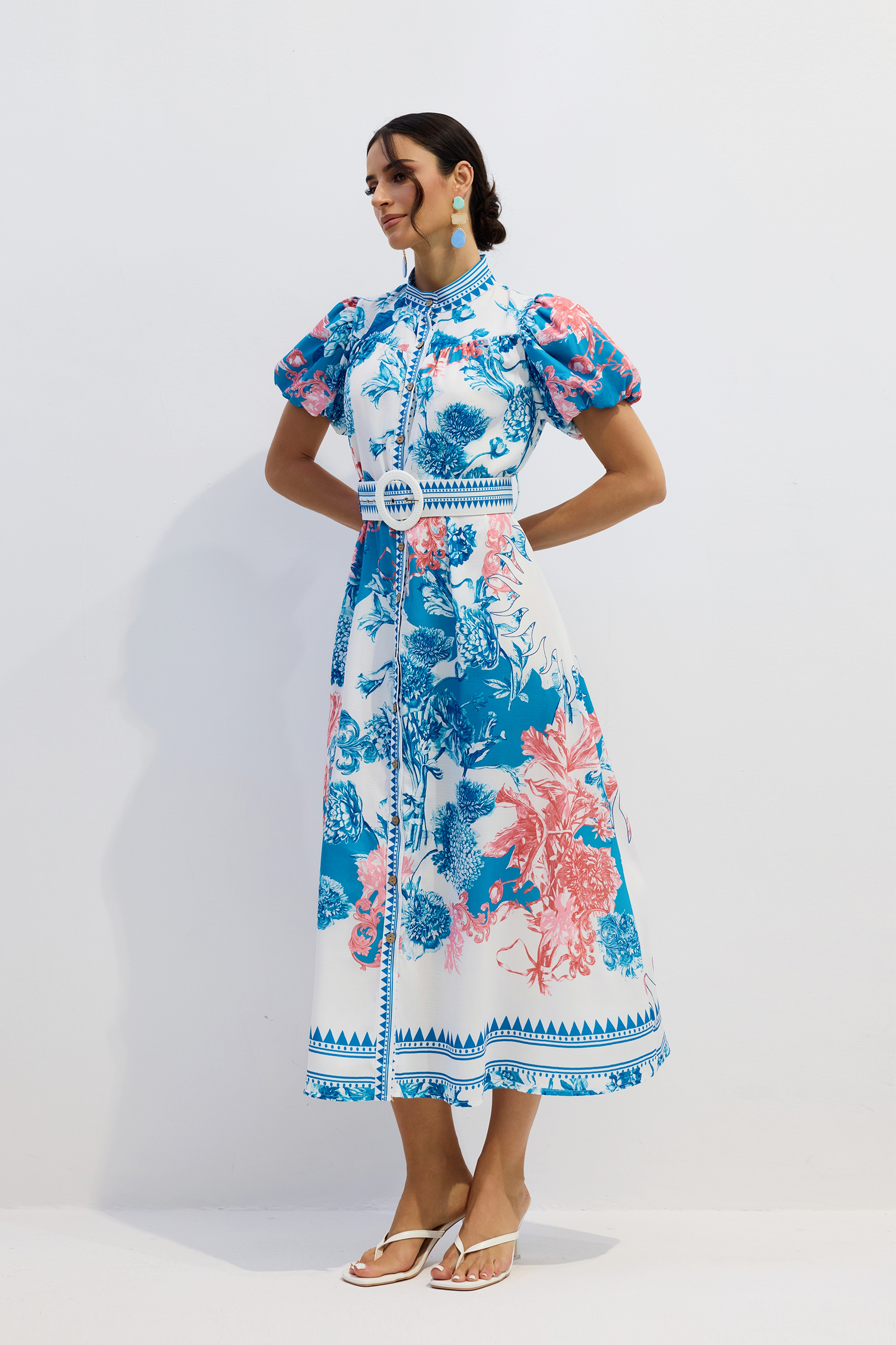 Karen Floral Print Puff Sleeve Midi Dress