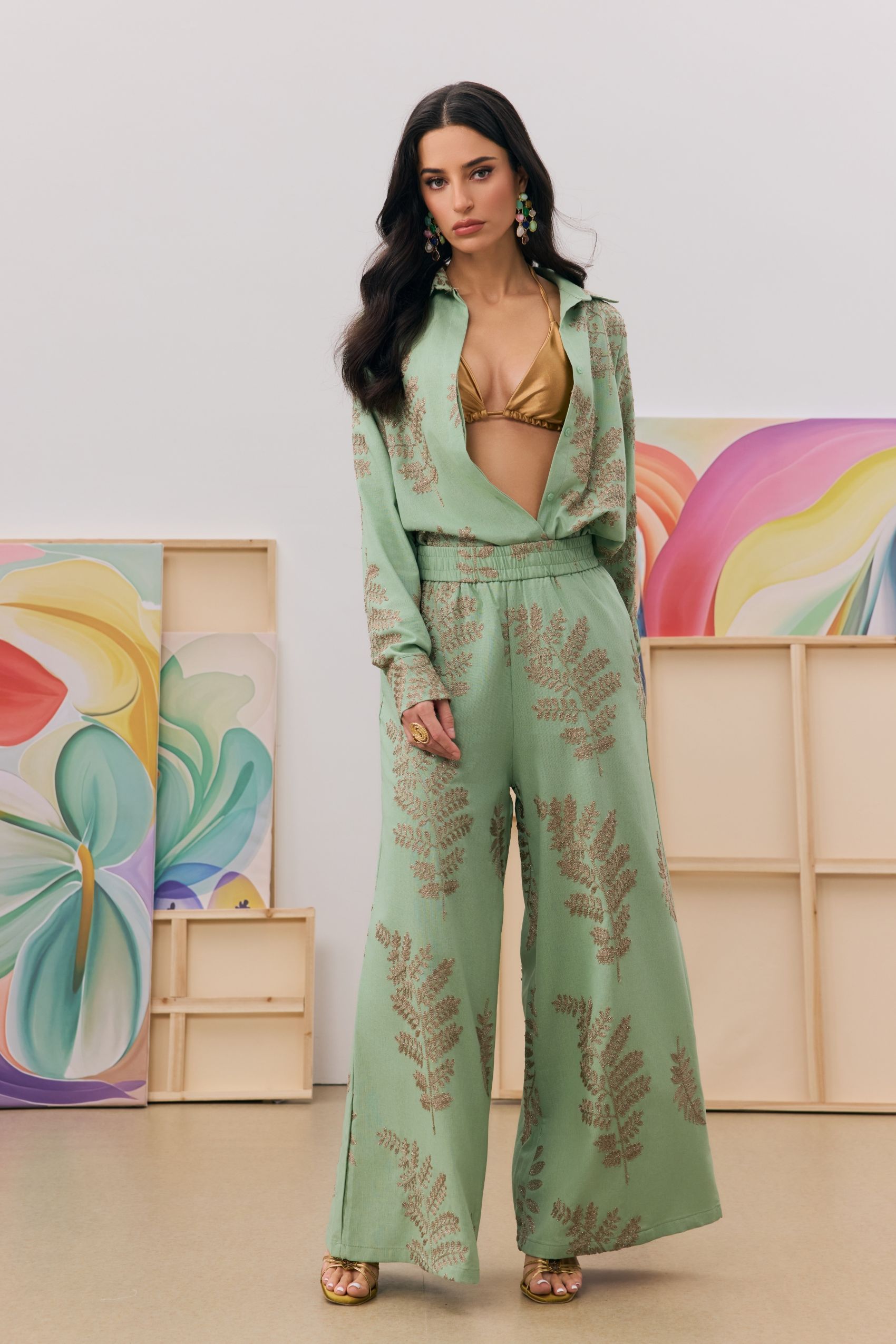 Anastasia Leaf Embroidered Shirt & Wide Leg Pants Set