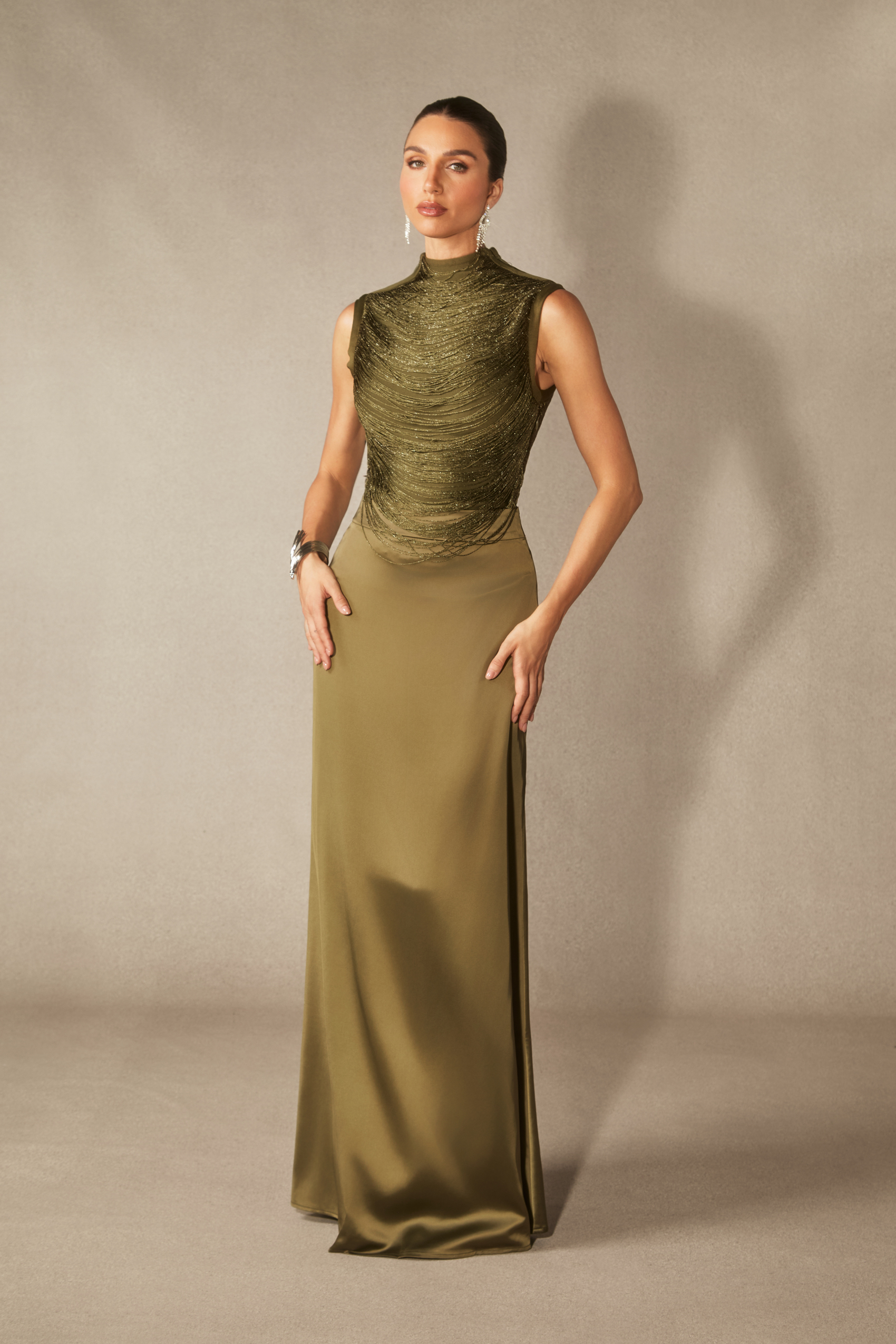 Alisha Sleeveless Beaded Crop Top & Satin Skirt Set