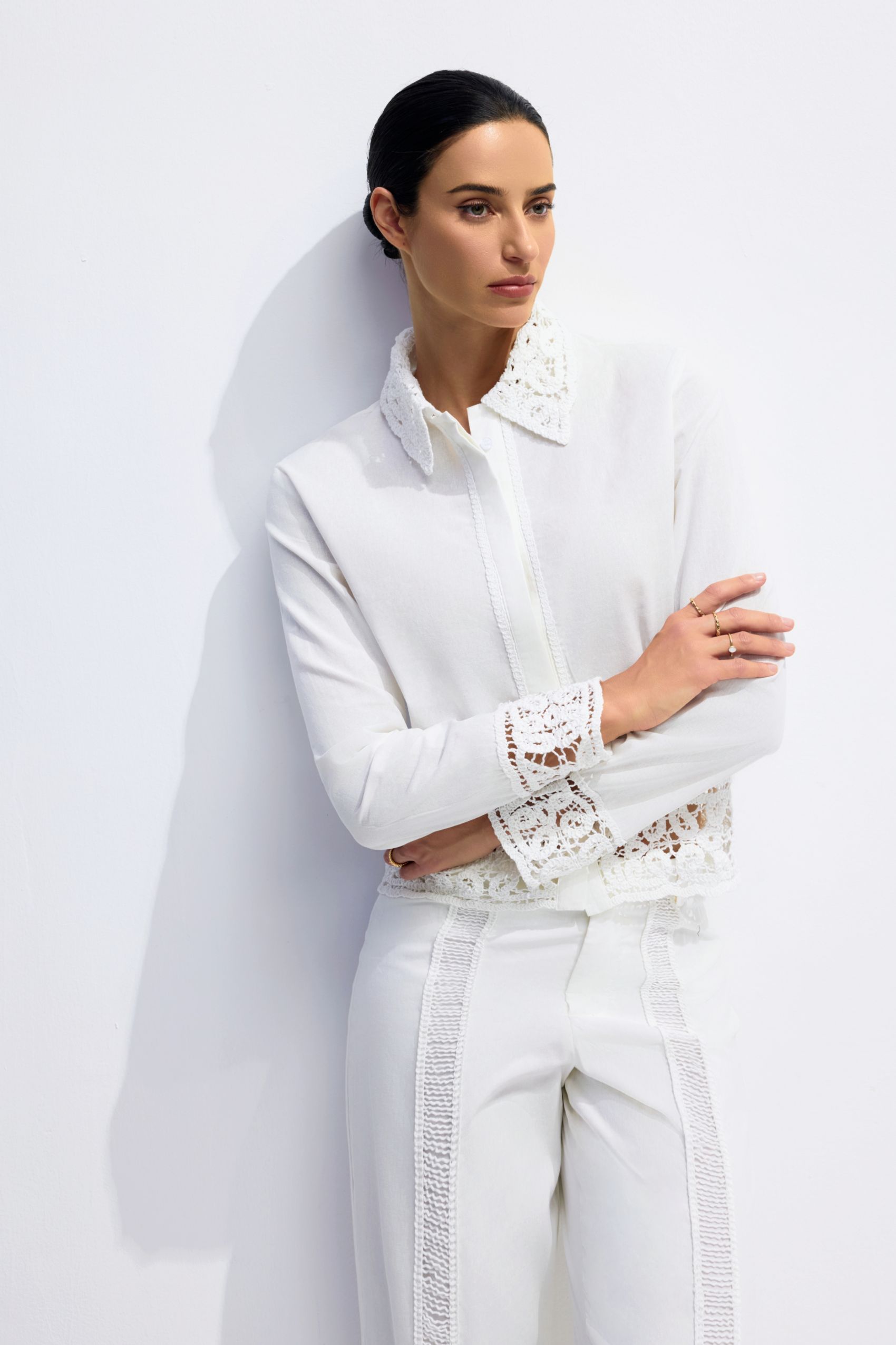 Estelle Lapel Collar Crochet Detail Shirt & Pants Set