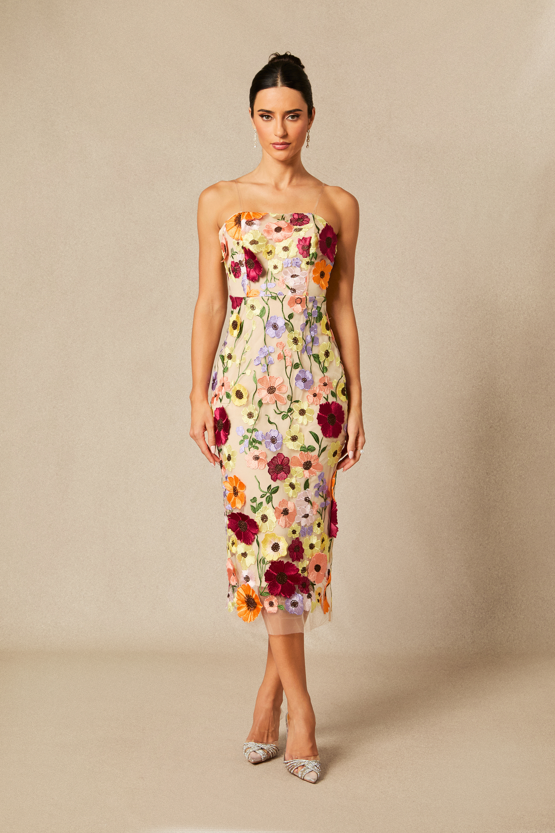 Belle Embroidered Floral Strapless Midi Dress