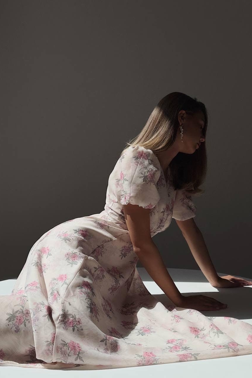 Anne Floral Print Puff Sleeve Midi Dress